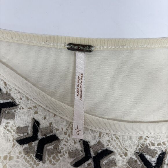 Free People Boho Lace Embroidered Pullover Top L Ivory Cream Romantic Chic - Picture 4 of 9